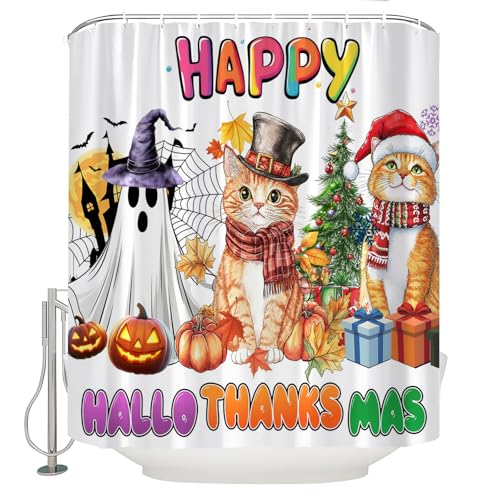 Happy Hallothanksmas Cat Ghost Shower Curtain 70x70, White Holiday Decor