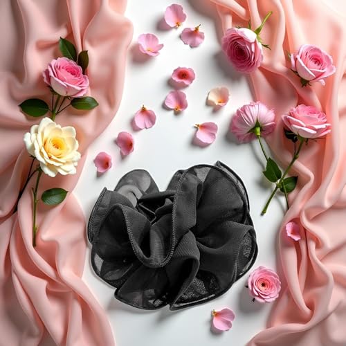 Black Large Chiffon Hair Bow Claw Clip with Rose Fabric Ribbon