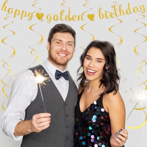 Happy Golden Birthday Banner with Metallic Foil Swirls
