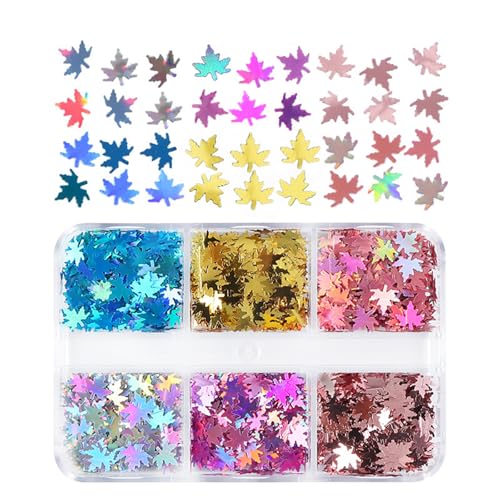 Fall Maple Leaf Nail Art Sequins - 6 Grid Holographic Autumn Glitter Set