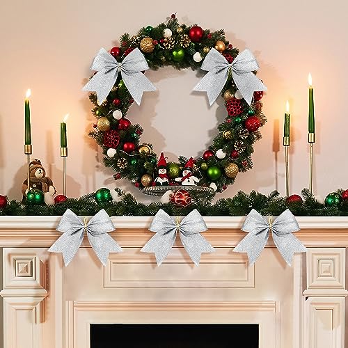 Silver Christmas Bow Decorations - 24 Pack Glitter Holiday Ornaments 6x6 Inches