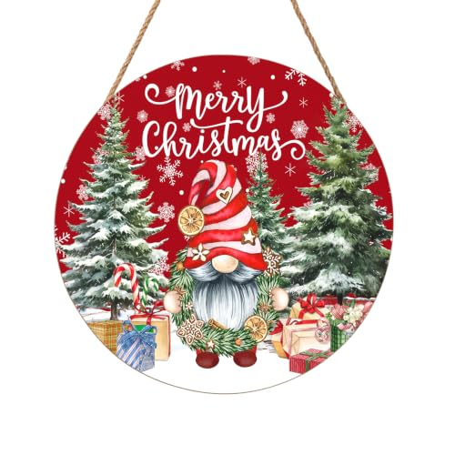 Christmas Gnome Welcome Sign - Merry Christmas Wooden Door Hanger, 12x12 Inch Porch Decor
