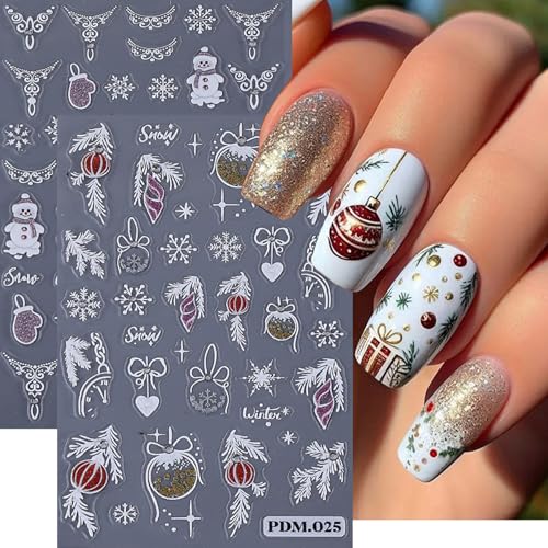 TailaiMei Christmas Nail Decals Stickers - 3 Sheets Self-Adhesive Holiday Nail Art Decorations with Snowflakes & Snowmen