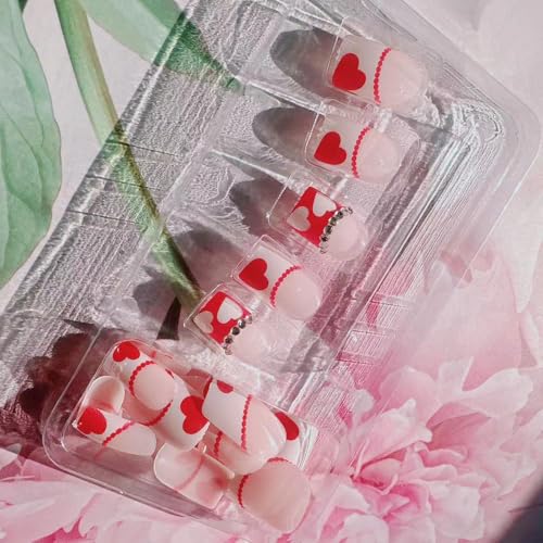 Valentine's Day Short Press On Nails Red White Heart French Fake Nails