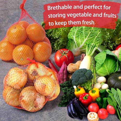 100Pcs Reusable Mesh Produce Bags, 16 Inch Stretchable Netting - Red