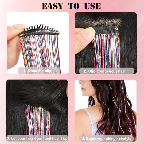 Aouuhe Clip-in Hair Tinsel Kit - 18 Pcs 20.5 Inch Glitter Hair Extensions
