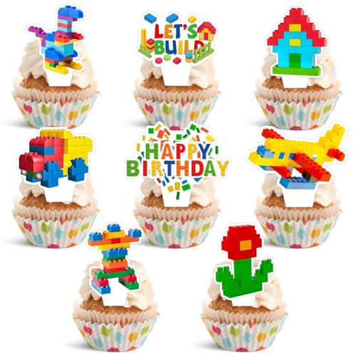 Building Block Cupcake Toppers - 24-Piece Brick Themed Party Decorations