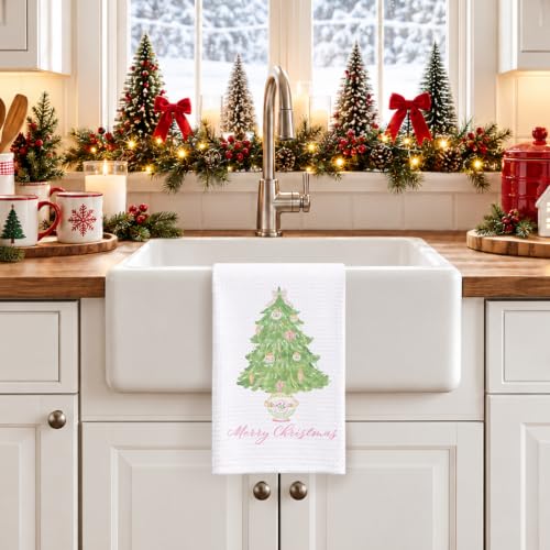 Christmas Green Tree Dish Towels - Holiday Kitchen & Bath Decor, 16x24 Inches