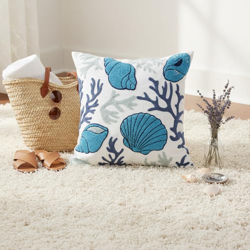 Coastal Decor Pillow Cover – 18x18 Inch Embroidered Coral & Seashell