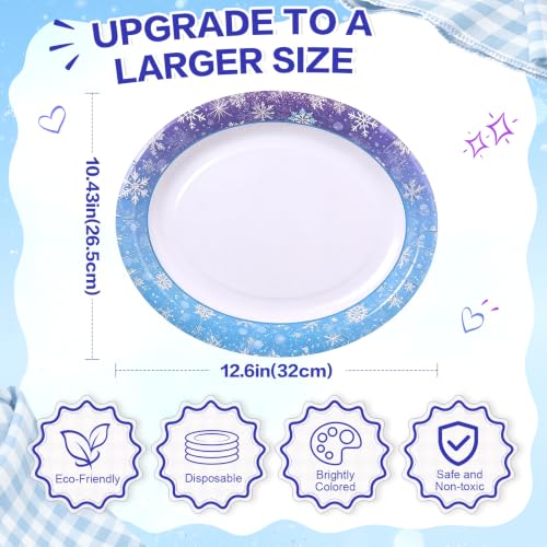 Heavy Duty Snowflake Oval Paper Plates 10.4x12.6 Inches - Blue and Purple, 50 Pack, Winter Party