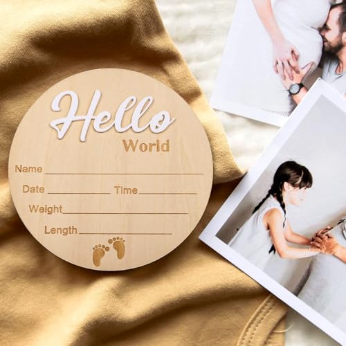 Wooden Baby Announcement Sign - Hello World Newborn Name Plaque