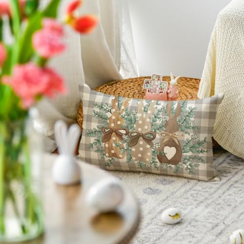 Easter Bunny Buffalo Plaid Throw Pillow Cover - 12x20 Inch Grey