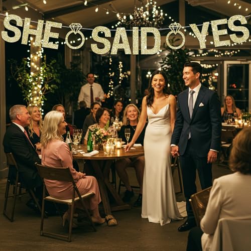 She Said Yes Glitter Banner - Champagne Gold Pre-Strung Engagement Decor