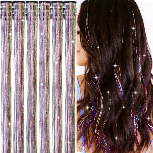 Clip-In Hair Tinsel Extensions - 18 Pcs 20-Inch Colorful Glitter Fairy Hair
