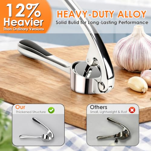 Heavy Duty Garlic Press Set with Peeler & Brush - Kitchen Garlic Mincer Tool