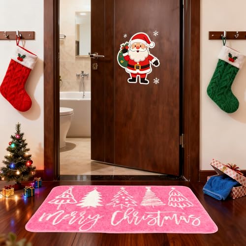 Pink Christmas Bathroom Rug 31.5x19.7 Inch Non-Slip Bath Mat with Xmas Tree Pattern