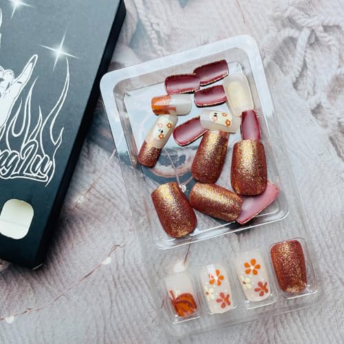 Halloween Press on Nails Medium Square Cute Ghost Pumpkin Fake Nails Kit