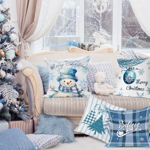 Blue Christmas Pillow Covers Set of 4 - Snowman & Tree Designs