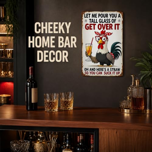 FunnySign Chicken Decor Old Rooster and Cute Chick Metal Wall Art 8x12