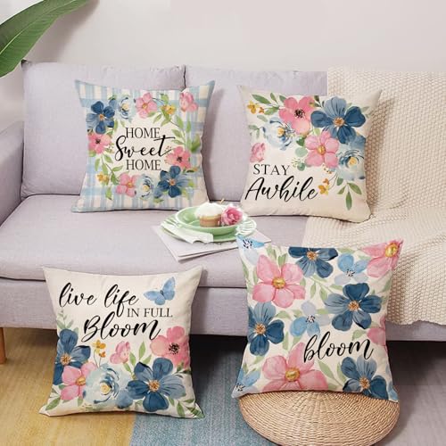 Fjfz Navy Flower Throw Pillow Covers 18x18 Set of 4 Cotton Linen