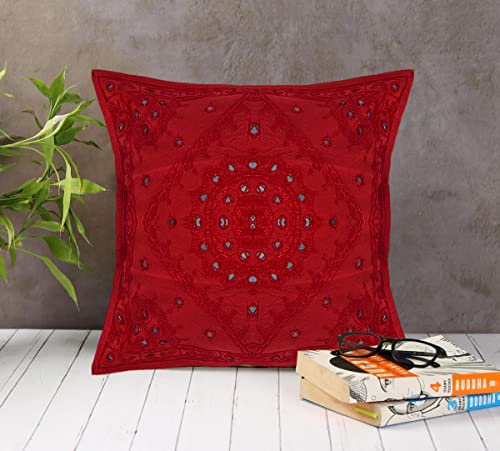 Red 16x16 Inch Mirror Embroidered Boho Sofa Throw Pillow Cover