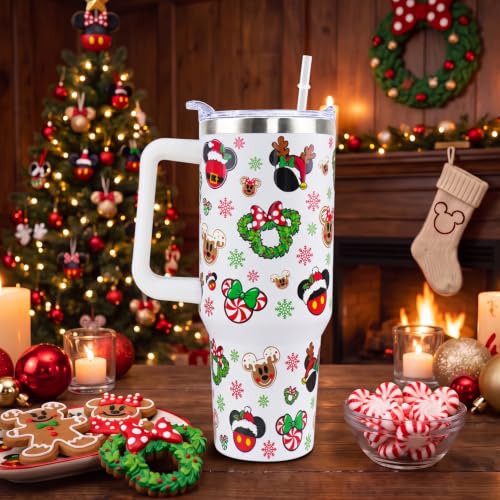 Mouse Tumbler 40oz Christmas Insulated Travel Mug with Handle, Cartoon Mouse Design