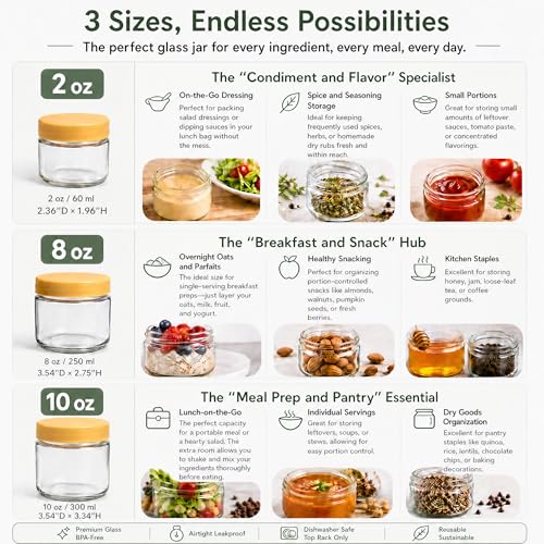 EONJOE 2 oz Glass Salad Dressing Containers with Lids - 6 Pack