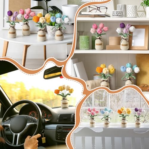 Crochet Tulip Bouquet Set - 4 Handmade Spring Flower Arrangements with Vase - 7 Inch