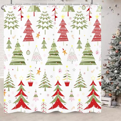 Christmas Tree Shower Curtain with Snowmen Stars & Snowflakes - 72x72 Inches, Pack of 1