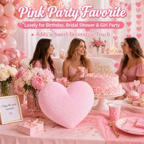 RAINFLOW Pink Faux Fur Heart Shaped Throw Pillow - Plush Room Decor