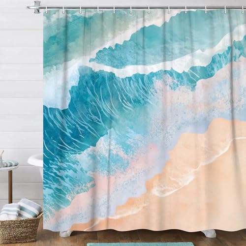 Grtuspr 72x72 Inch Waterproof Seascape Shower Curtain with 12 Hooks - Ocean Waves Beach Bathroom Decor