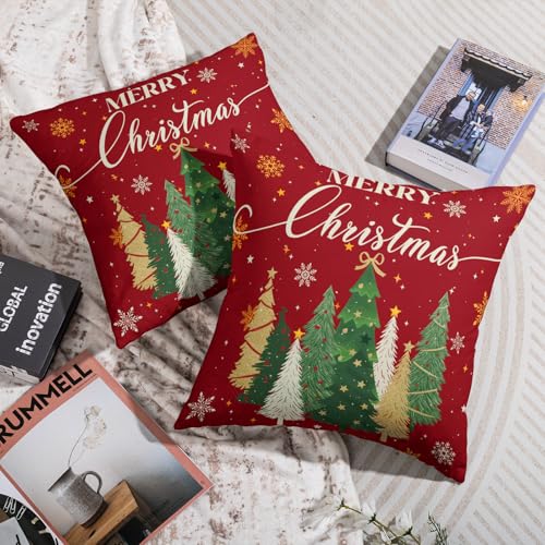 Merry Christmas Pillow Covers 18x18, Set of 2 Dark Red Holiday Throw Cases