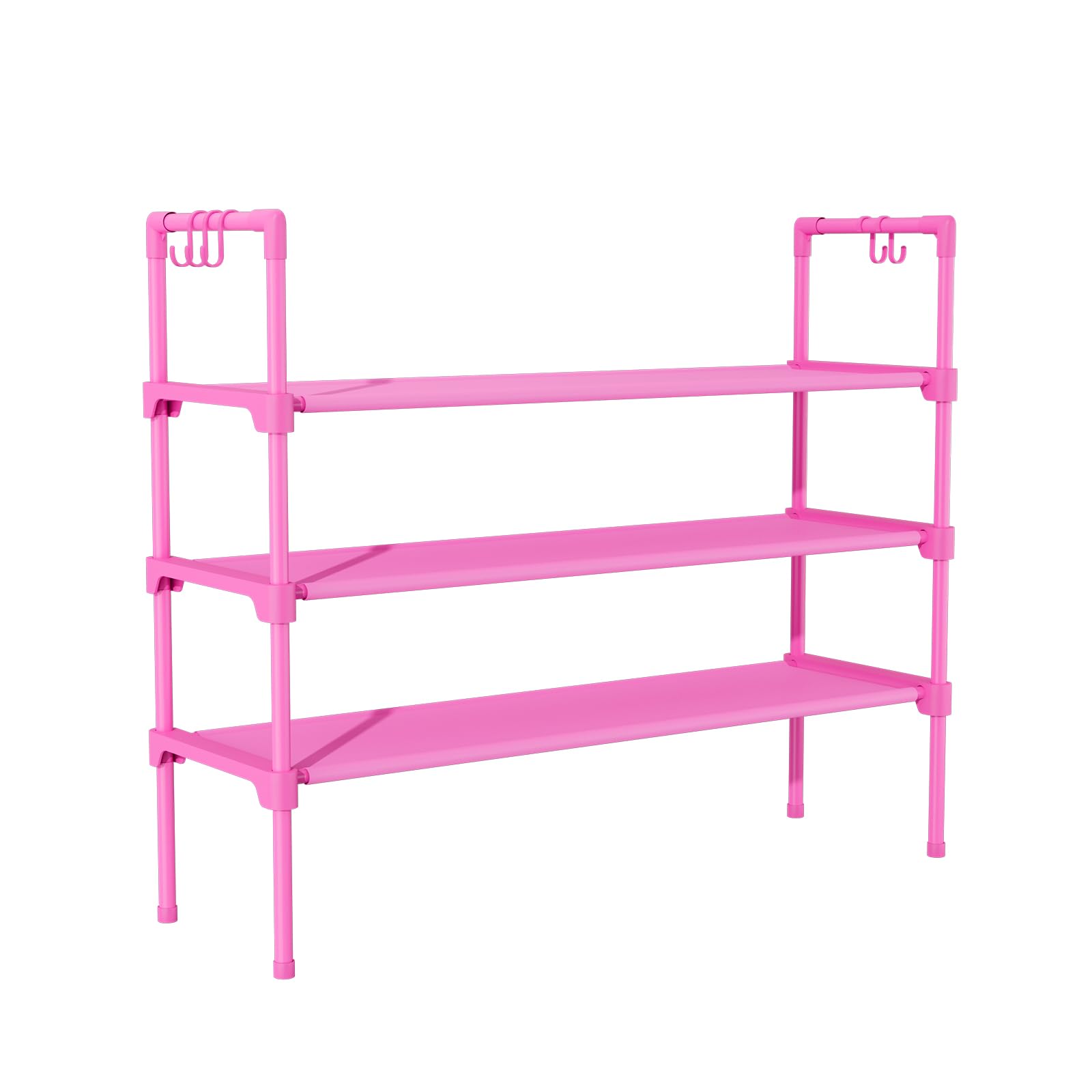 LANTEFUL 3 Tier Shoe Rack for Closet, Shoe Organizer with 5 Hooks, Long Shoe Shelf Storage for Shoe and Boot Stackable Free Standing Shoe Rack for Entryway, Garage, Small Spaces, Dorm, Pink