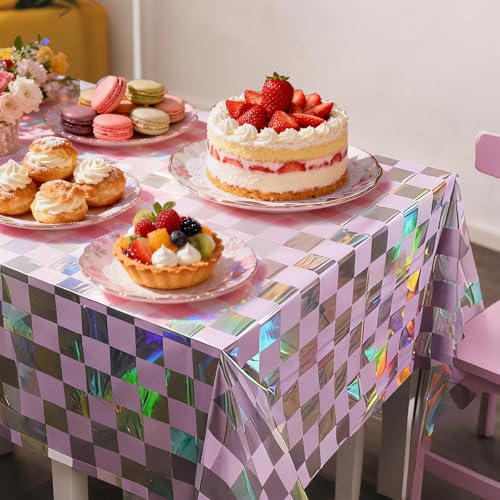 3 Pack Pink Iridescent Checkered Tablecloths - 54 x 108 Inch