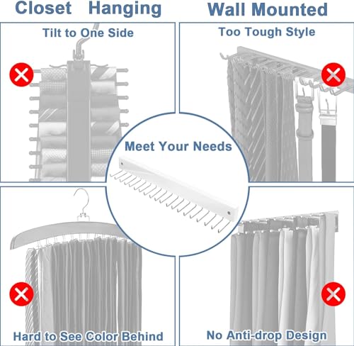 Wall-Mounted Tie Rack with 20 Hooks - White, 1 Pack Tie Organizer