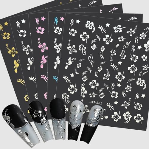 MUIIGOOD Flower Nail Stickers 10 Sheets Hibiscus Nail Decals White Pink Gold