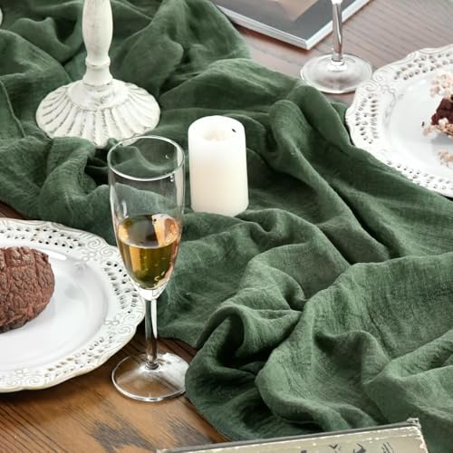 120 Inch Forest Green Boho Cheesecloth Gauze Wedding Table Runner - Seasonal Home Decor