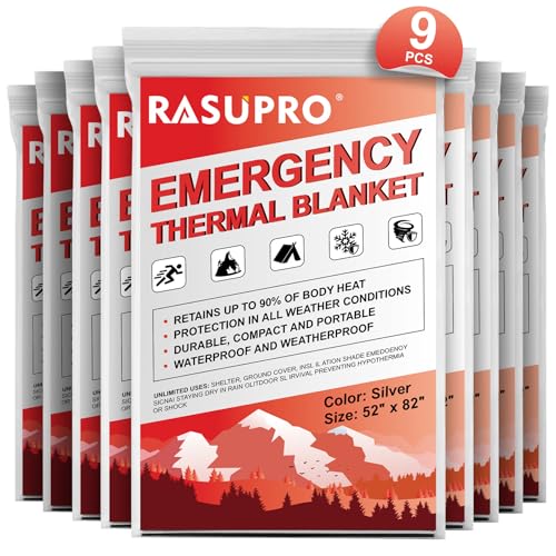 9 Pack Emergency Blankets, Outdoor Survival Emergency Insulated Gear, Mylar Thermal Space Insulated Blanket, Perfect for Camping, Hiking, Running, Marathon, Wilderness Rescue or First Aid