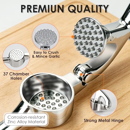 TACGEA Garlic Press Set with Peeler & Brush - Rust Proof, Heavy-Duty