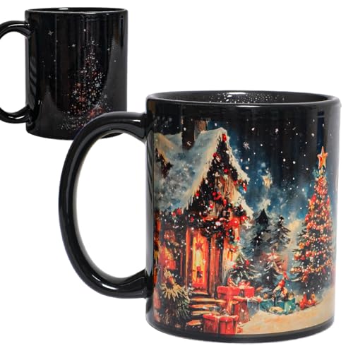 Christmas Cottage Heat Changing Mug - Snowman & Tree Magic 12 Oz, Blue/Red/White