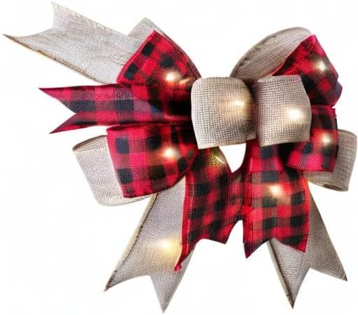 SIMISI Ribbon LED Christmas Bow - Rustic Buffalo Plaid Burlap with Lights | 9.5 x 13 Inch