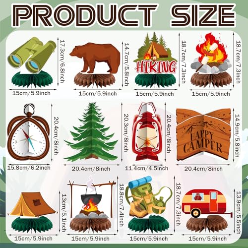 Happy Camper Honeycomb Centerpieces - 12 Pcs Camping Party Decor
