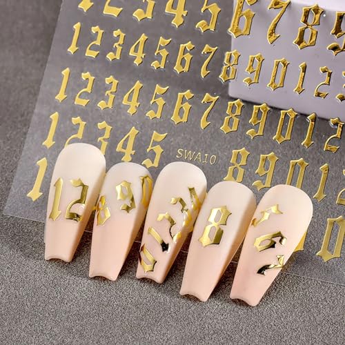 MOLILON 4 Sheets Retro Number Nail Stickers Self-Adhesive Decals
