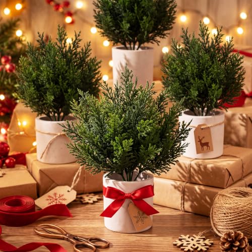 8 Pack Christmas Small Artificial Cedar Bush Tree - White Variation