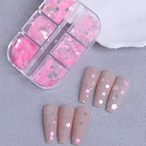 Cherry Blossom Nail Art Glitter Sequins 6 Grids Mixed Butterfly and Heart