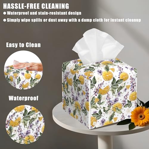 Square Leather Tissue Box Cover - Orange Fruits & Lavender Floral Print