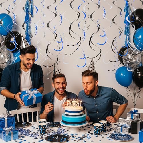 20-Piece Hanging Swirl Decorations - Blue, Black & Silver Party Decor