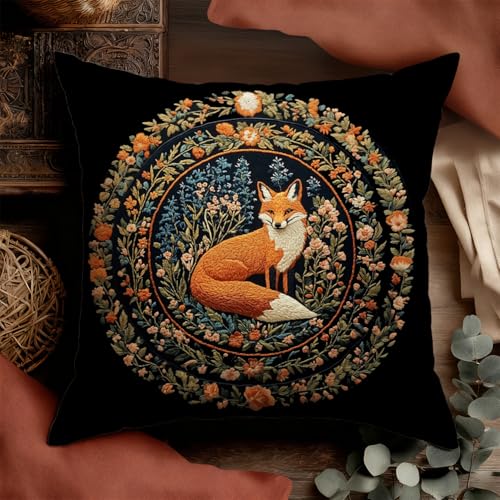 William Morris Inspired Red Fox Floral Pillow Cover - 18x18 Inch