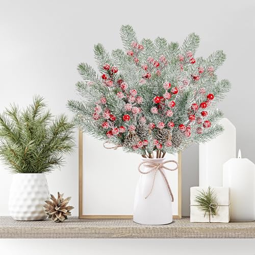 Red Snow Frosted Christmas Berries Pine Picks - 6 Pack Holiday Decor