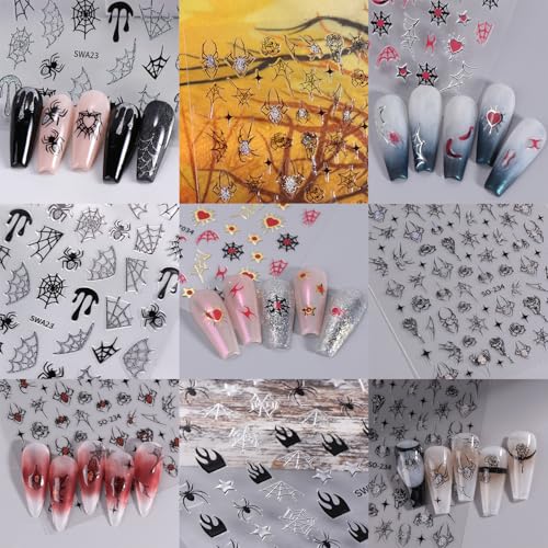 Halloween 3D Self-Adhesive Nail Art Stickers Spider Web Flame Decals 7 Sheets